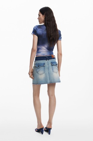 DESIGUAL Denim krilo z navideznim dvojnim pasom Modra - Blue 2