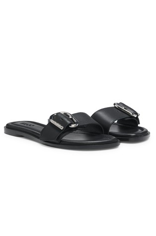 Leather slides with logo buckle