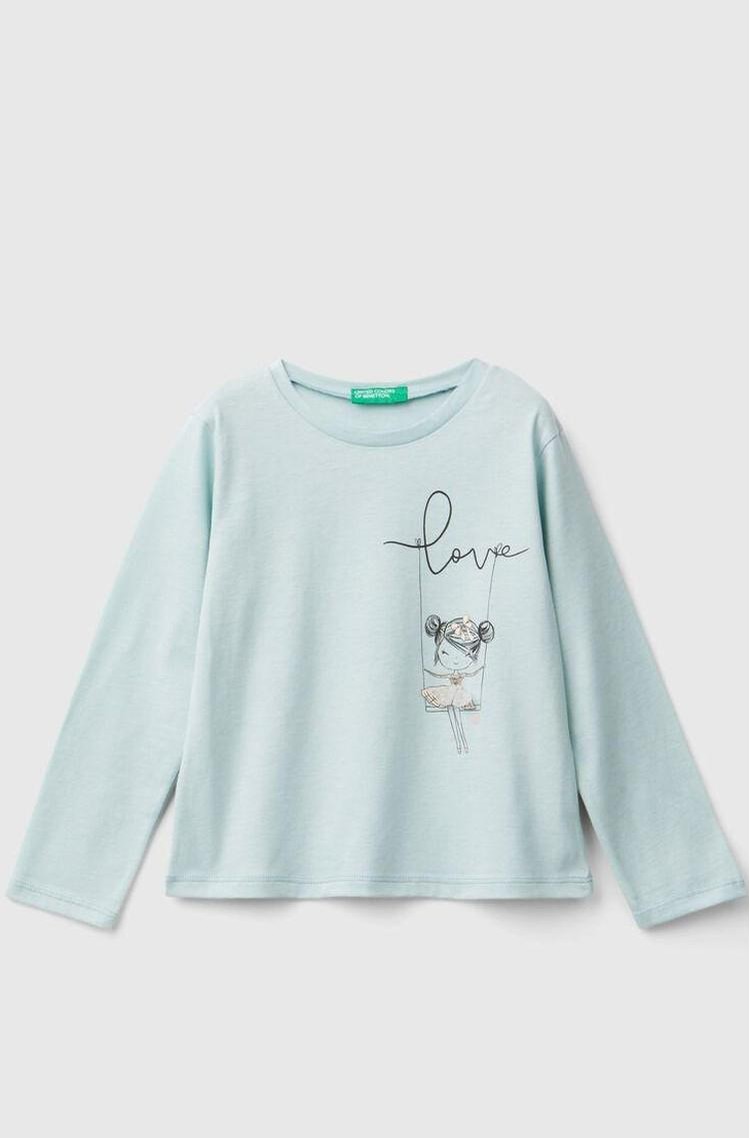BENETTON Majica s potiskom in aplikacijo iz tila Modra - Aqua 