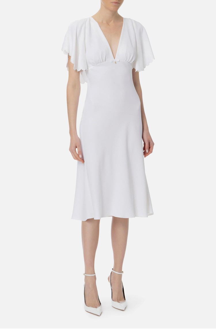 ELISABETTA FRANCHI Obleka iz viskozne mešanice z valovitimi robovi Bela - Ivory 