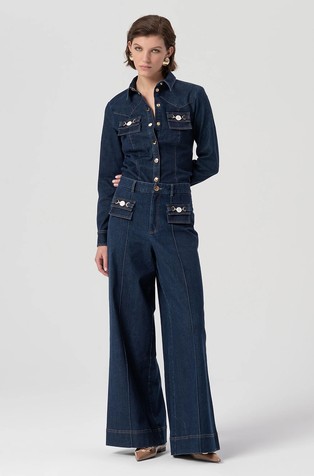 Jeans hlače z visokim pasom in širokimi hlačnicami