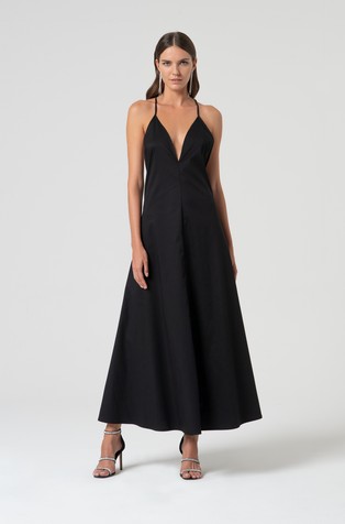 Sleeveless poplin long dress with open back