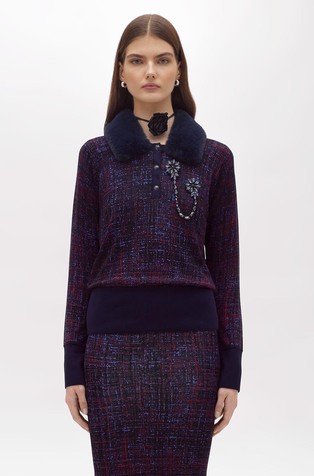 Obojestranski pleten pulover z vzorcem in umetnim krznom