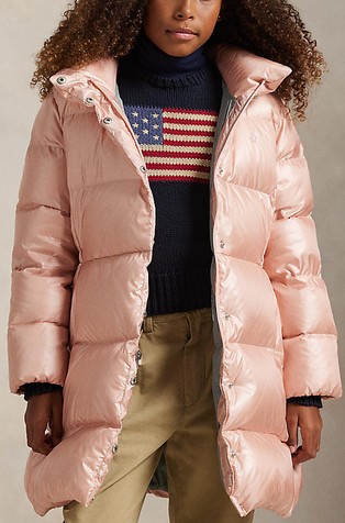 Kovinsko svetleča daljša puhovka s kapuco