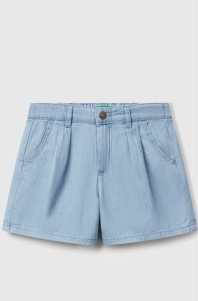 BENETTON Cotton chambray shorts with pleats Light Blue 