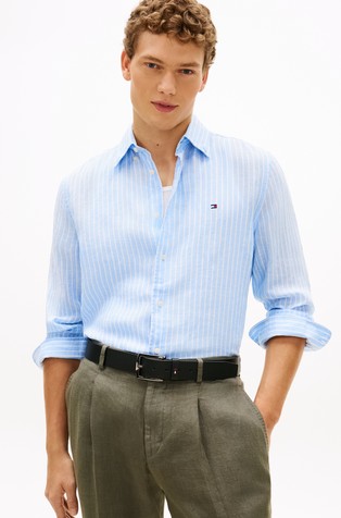 Regular fit črtasta lanena srajca