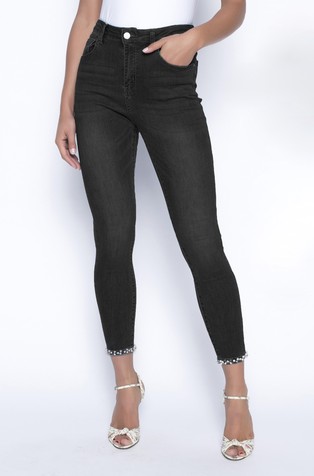 Slim fit jeans hlače z okrasnimi kamni in perlami