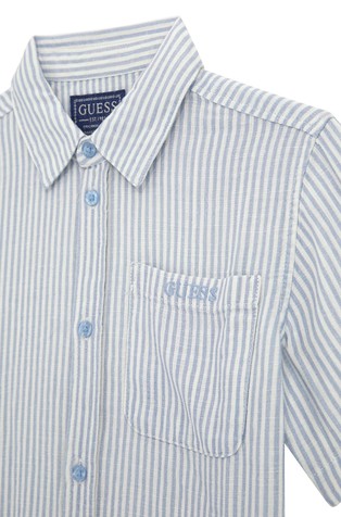 GUESS Črtasta srajca s kratkimi rokavi iz viskoze in lana Modra - Light Blue / White 5