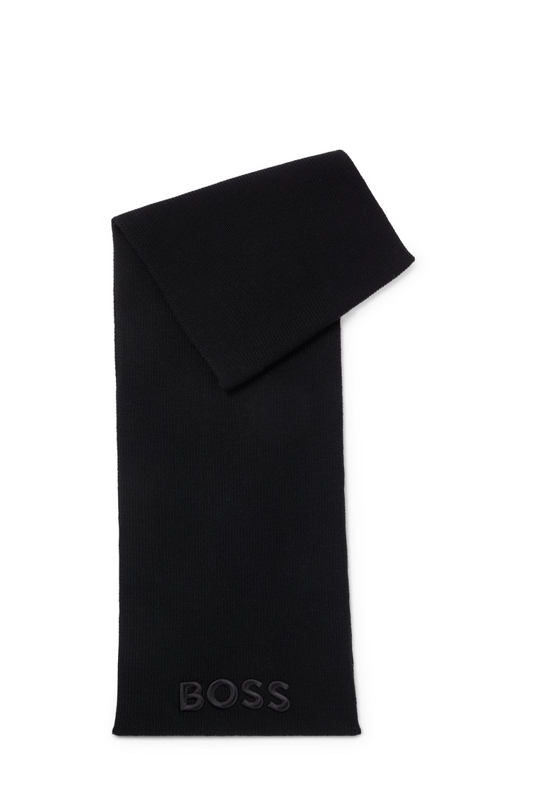 HUGO BOSS Ribbed scarf in virgin wool with embroidered logo Black 