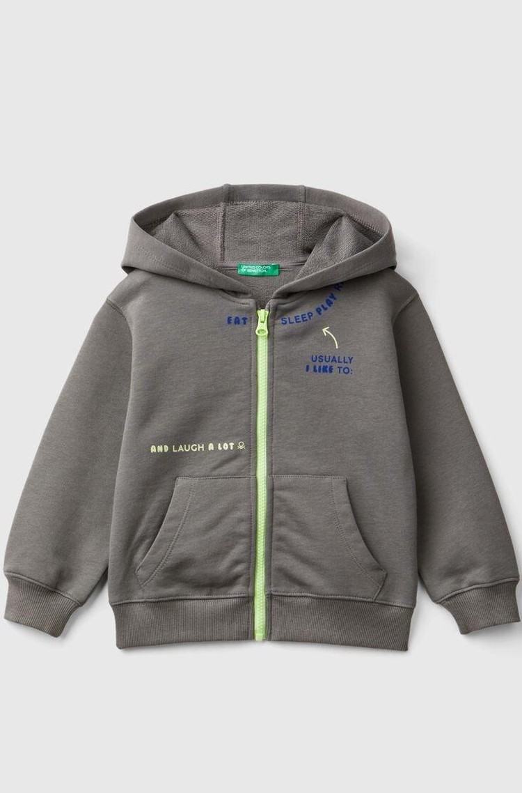 BENETTON Jopa s kapuco in potiskom sloganov Siva - Dark Gray 