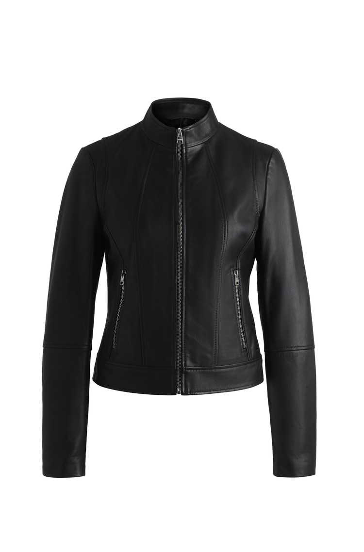 HUGO BOSS Regular-fit jacket in leather with stand-up collar Black 
