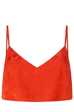 Cropped top z žakarskim cvetličnim vzorcem in tankimi naramnicami