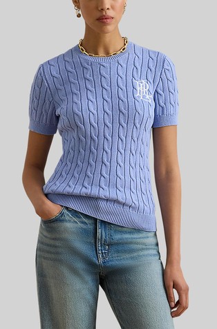 Strukturirano pleten bombažen pulover s kratkimi rokavi