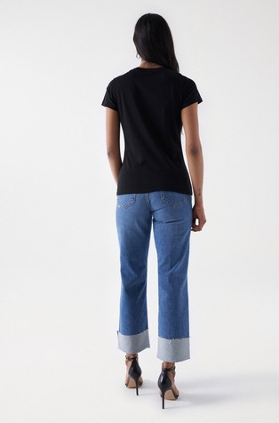SALSA JEANS Bombažna majica z logotipom iz okrasnih kamenčkov Črna - Black 3