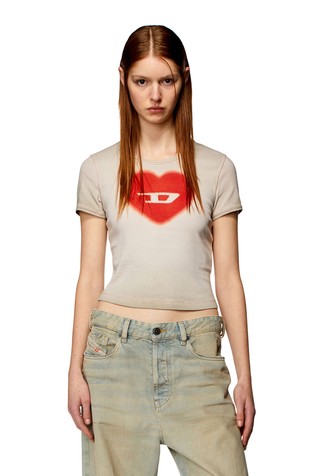 DIESEL Cropped T-shirt with D heart Beige 1