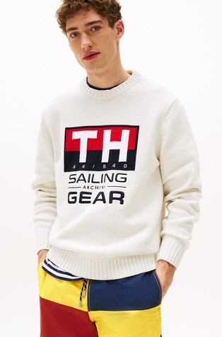TOMMY HILFIGER Hilfiger Sailing unisex pleten pulover z intarzijskim logotipom Bela - Ivory 3
