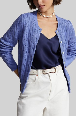 Cable-knit cotton crewneck cardigan