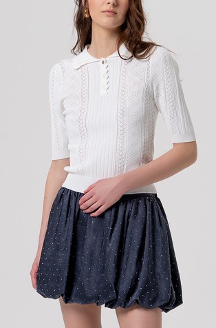 Slim fit pletena polo majica z luknjičastim vzorcem