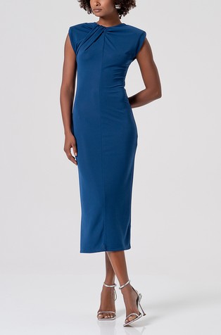 Oprijeta jersey midi obleka z nabranimi detajli