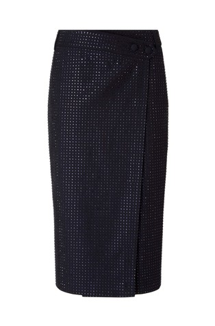 Fully rhinestoned calf-length wrap skirt