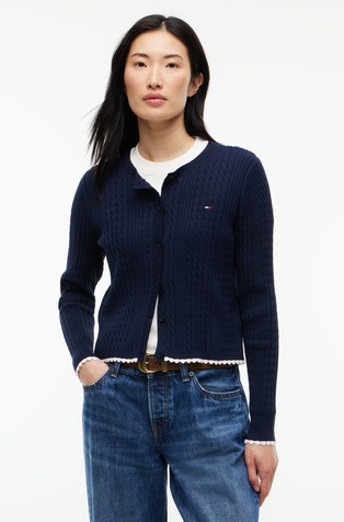Cable Knit Scalloped Trim Slim Cardigan