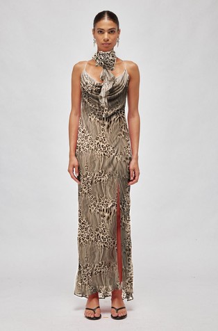 Animal-print chiffon maxi dress with scarf