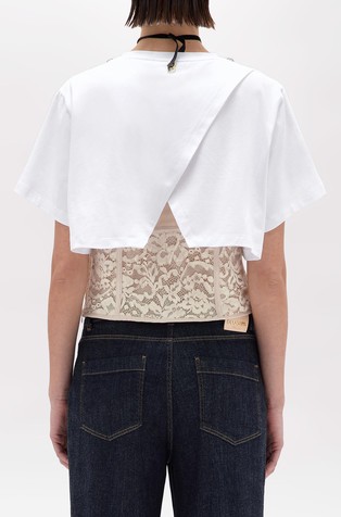 BLUGIRL Cropped majica z okrasnimi kamni in čipkastim topom Bela - White / Beige 2