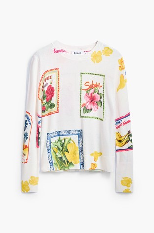 DESIGUAL Pleten pulover s tropskim potiskom Bela - White / Multi 5
