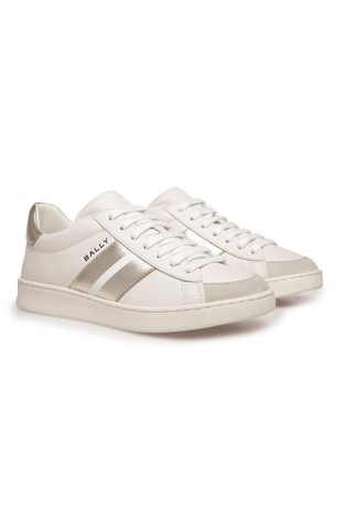BALLY Usnjene superge s kovinsko svetlečimi vstavki Bela - White/Gold 2