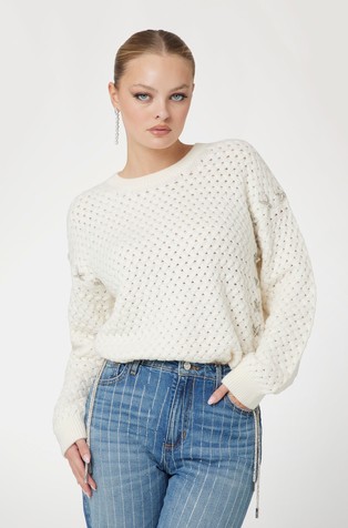 Wool-blend cable knit openwork sweater