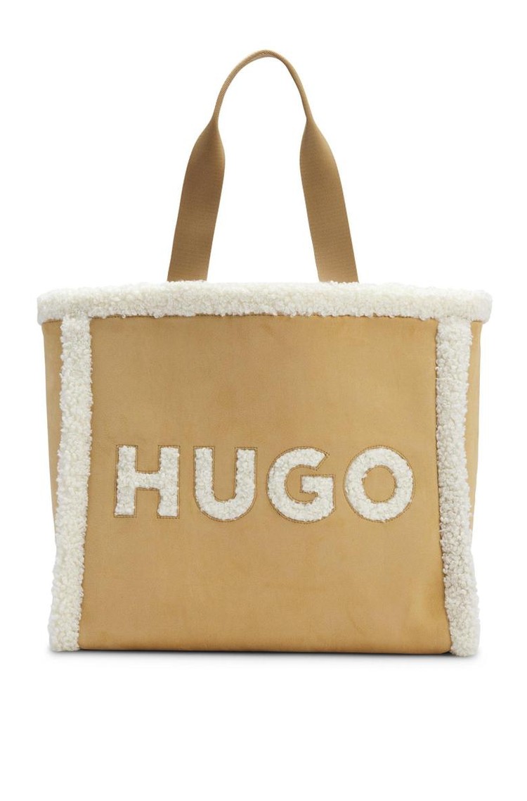 HUGO BOSS Tote torba iz umetnega semiša z obrobami iz umetnega kodrastega krzna Bež - Beige 