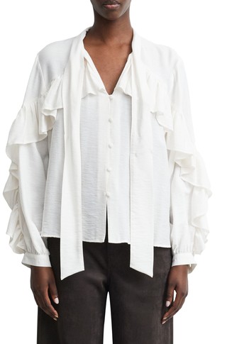 Structured bow-neck blouse with flounces
