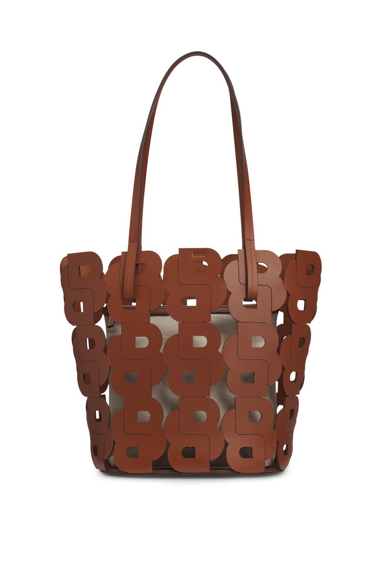 HUGO BOSS Usnjena torbica z dvojnimi B monogrami in dodatno notranjo torbico Rjava - Brown 