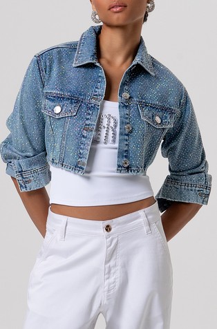 Cropped denim jakna z okrasnimi kamenčki