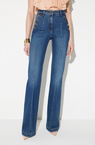 Jeans hlače z dekorativnimi gumbi in zvončastimi hlačnicami
