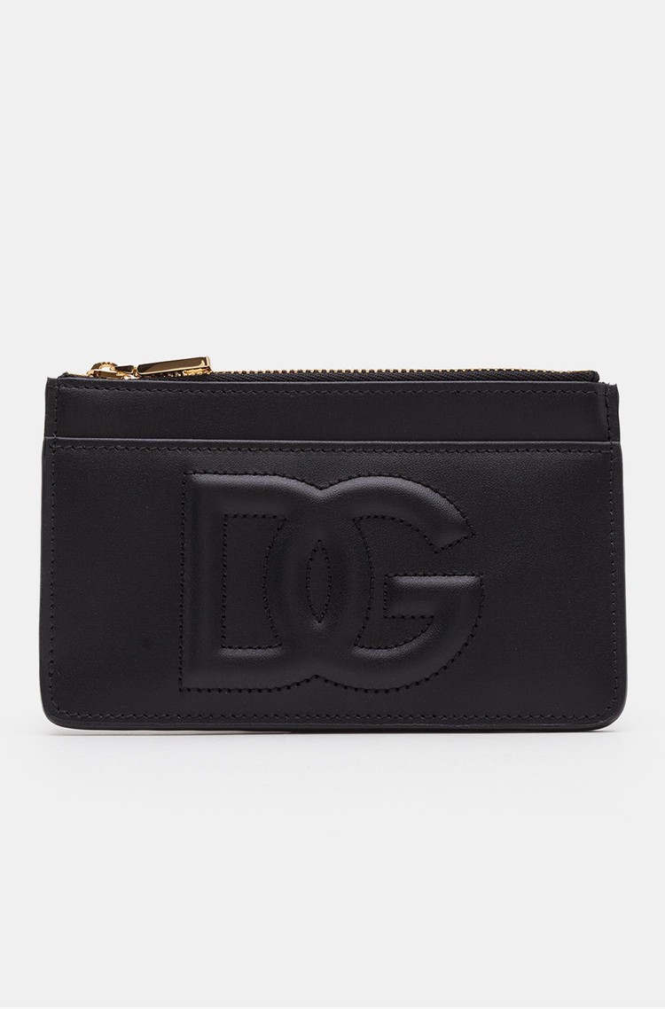 DOLCE &amp; GABBANA Usnjena DG logo denarnica za kartice Črna - Black 
