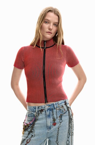 Two-way zip-knit striped short sleeved tee