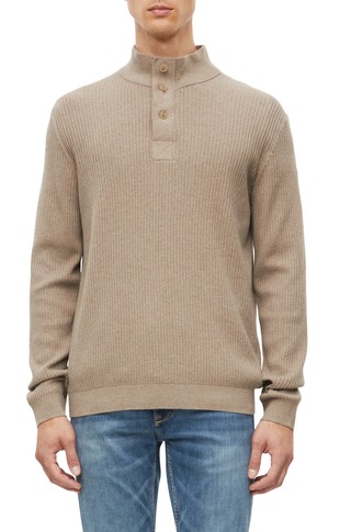 Button-front cotton pullover with ribbed texture
