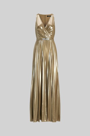 RALPH LAUREN Belted Metallic Chiffon Surplice Gown Tan/Lt Gold Foil 5