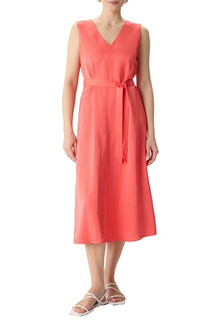 Satin dress with V-neck and tie belt