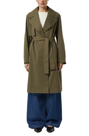 Trench coat with logo self-tie belt