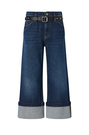 Cropped jeans hlače z usnjenim pasnim vstavkom