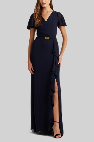 Belted Georgette Flutter-Sleeve Gown