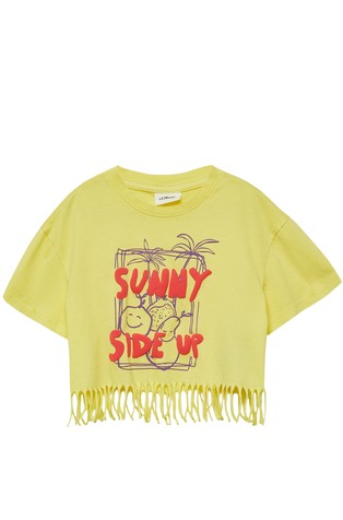 Cropped majica s potiskom in resastim robom