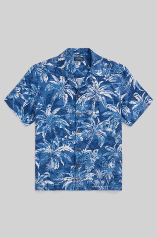 RALPH LAUREN Classic fit lanena srajca s kratkimi rokavi in tropskim vzorcem Modra - Indigo Palm Shadow 4