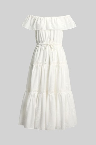 RALPH LAUREN Bombažna obleka z odkritimi rameni in naborki Bela - White 5