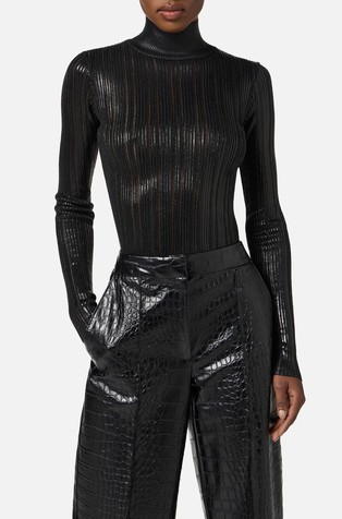 Laminated ribbed long-sleeved top