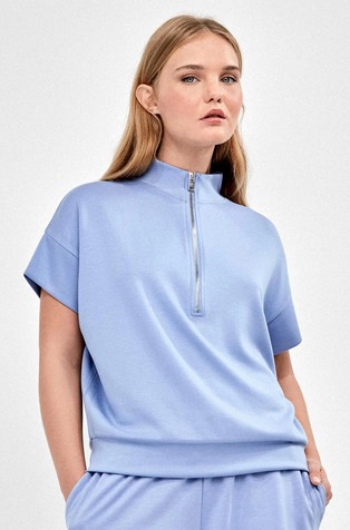 Viscose-blend short-sleeved sweater with half-zip