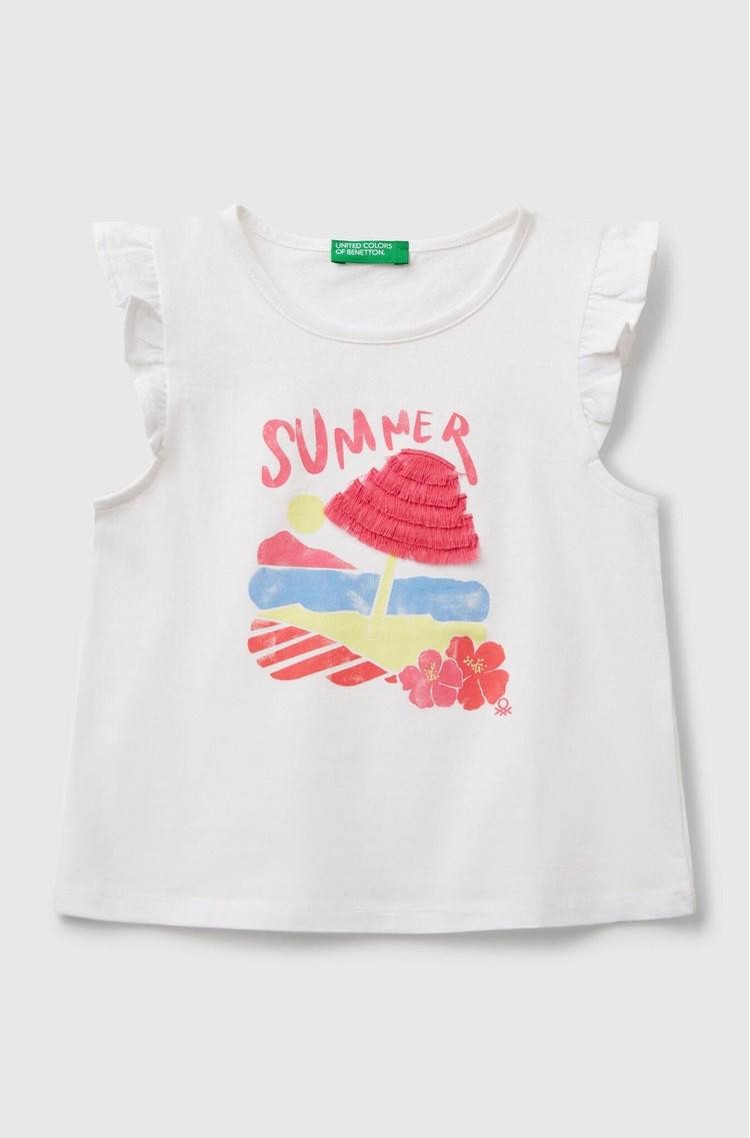 BENETTON Majica brez rokavov s potiskom in 3D detajlom Bela - White 