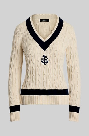 RALPH LAUREN Cable-knit Cotton Cricket Sweater Mascarpone Cream / Lauren Navy 5